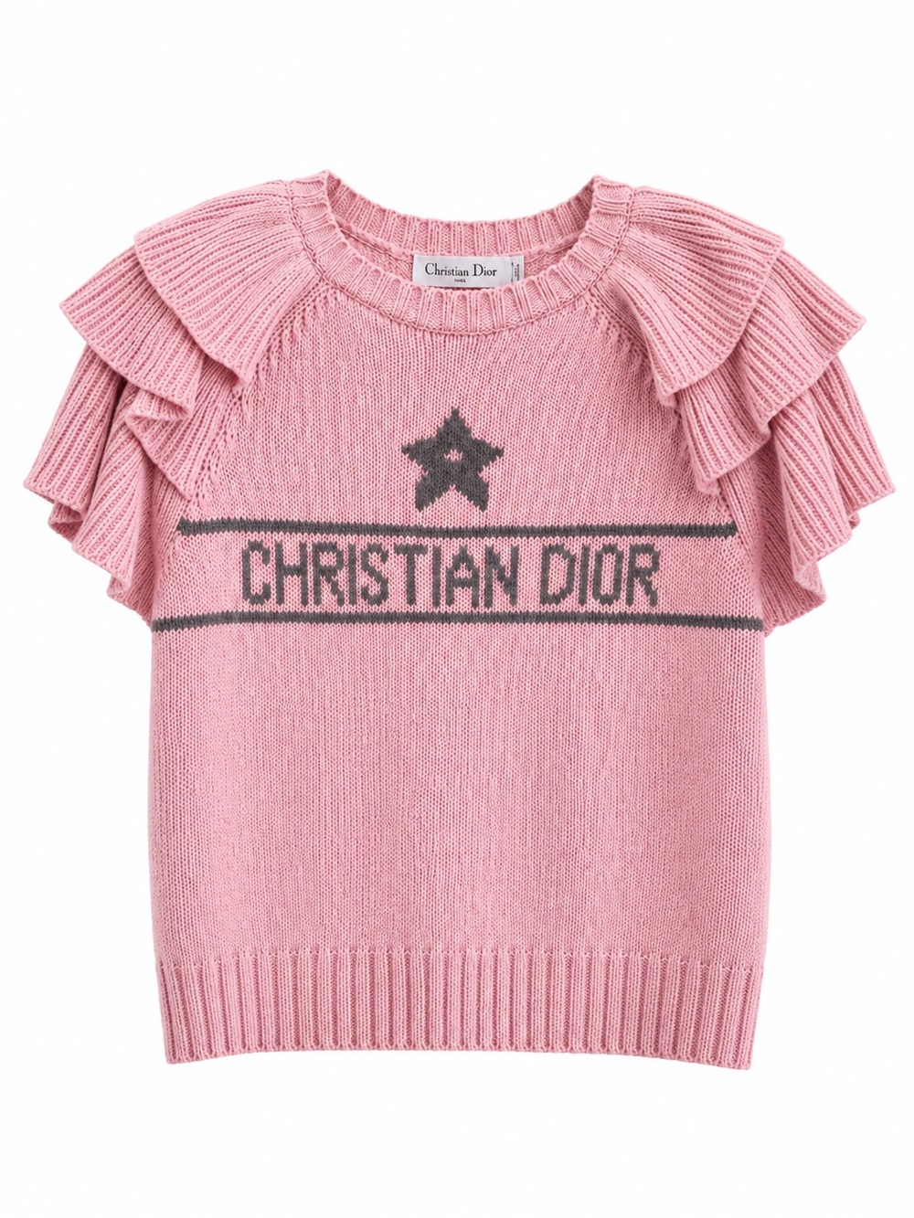 Dior Pink Knit Ruffle-Sleeve Logo Sweater